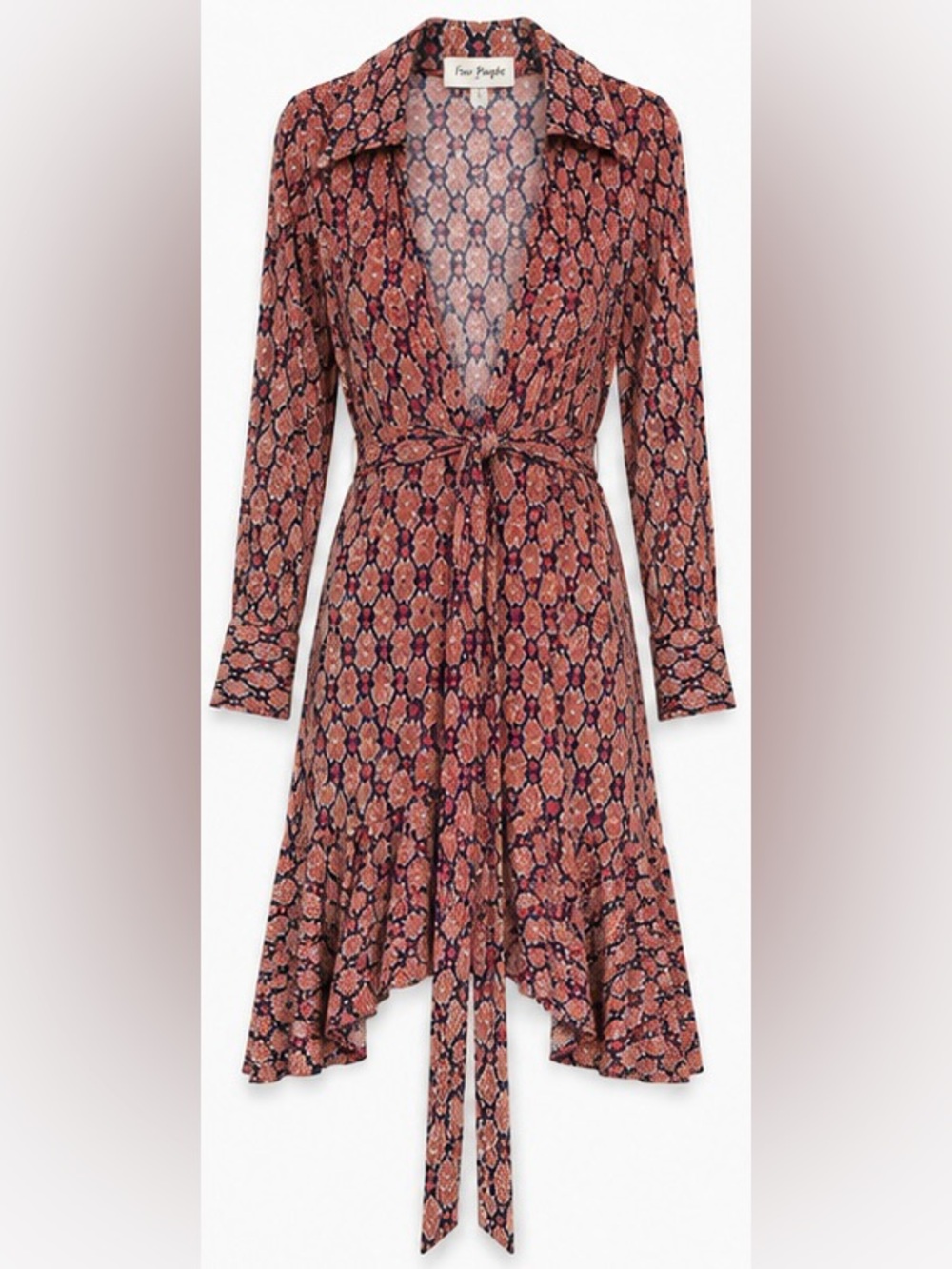 Free People Rust & Navy Floral Tie-Waist Long Sleeve Dress